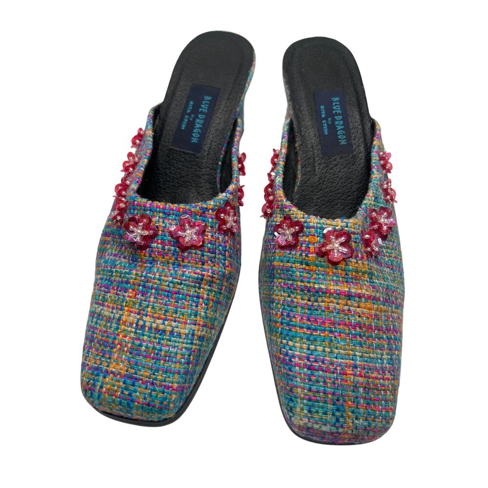 Blue Dragon Rita Stein Tweed Square Toe Mules Pink Flower Embellished Heels Sz 7